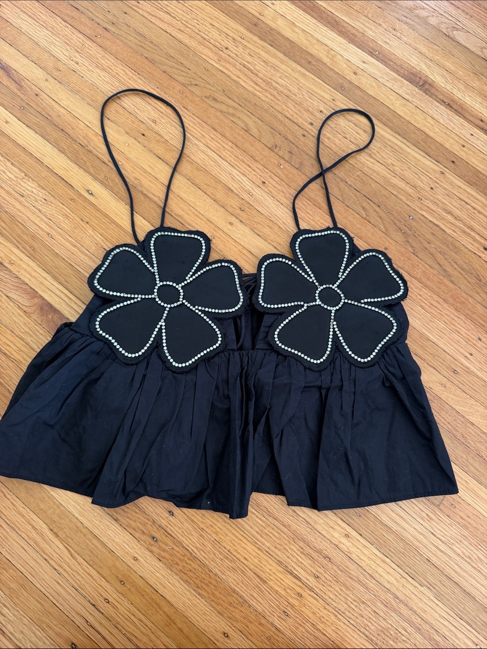 Blogger favorite ZARA Black Floral Appliqué Crop Top with Rhinestone Trim